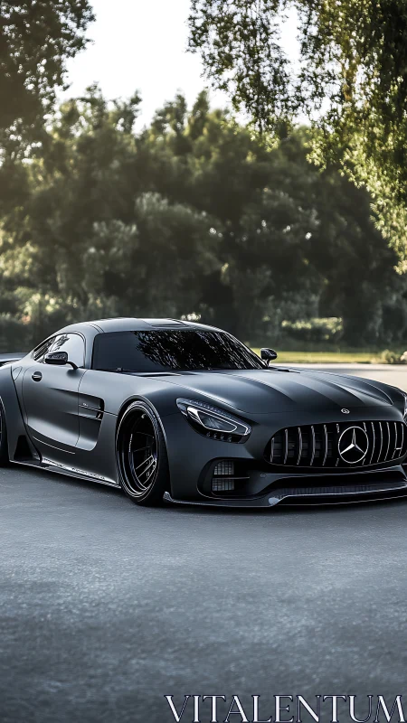 Midnight matte supercar prowls beneath whispering trees.