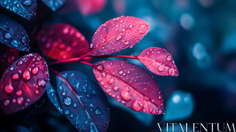 Glowing pink leaves shimmer with raindrops in neon twilight