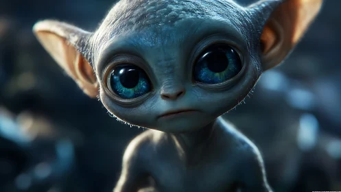 Tiny blue-eyed alien gazes forward in soft cinematic light.