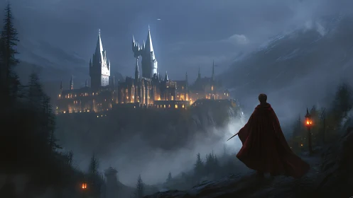 Lone wanderer gazes at misty mountaintop magic academy.