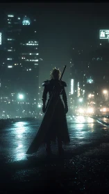 Stormlit warrior watches neon city lights in the rain