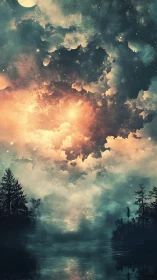 Nocturnal lake with silhouetted trees under nebula sky.