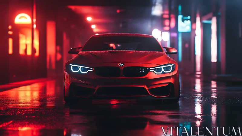 Red sports coupe under neon city rain at night street.