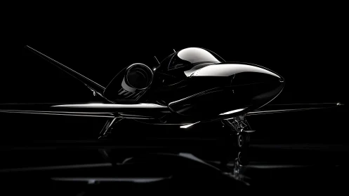 Sleek black private jet rendered on dark reflective studio