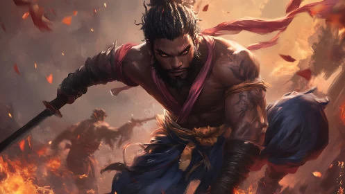 Fierce sword warrior charges through burning battlefield