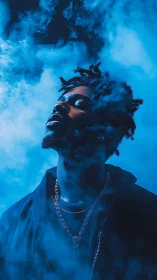 Portrait in cyan backlight sculpts silhouette through vapor haze