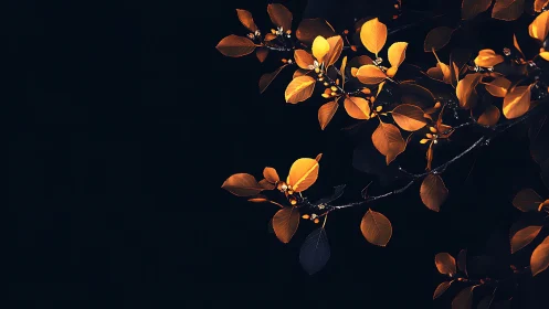 Golden Autumn Leaves on Dark Background, Minimalist Nature Art.