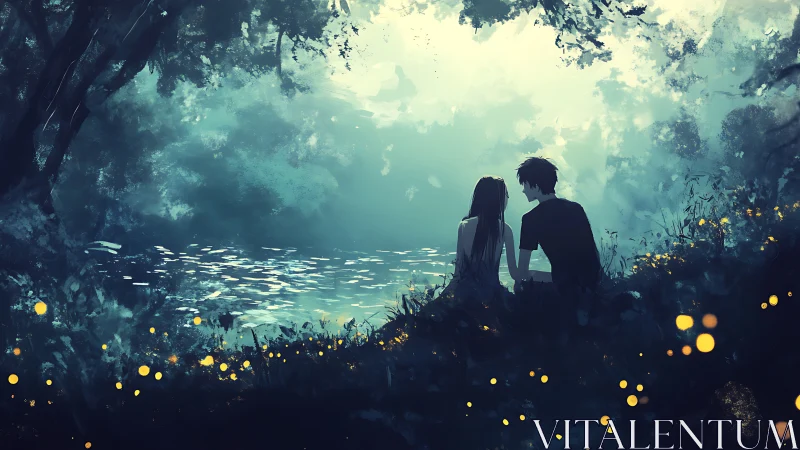 Couple sitting by glowing lakeside in twilight forest