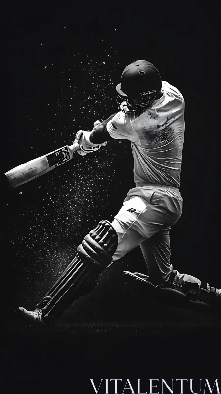 Cricket batter drives ball in dramatic monochrome action.
