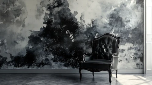 Baroque black leather armchair against monochrome abstract wall