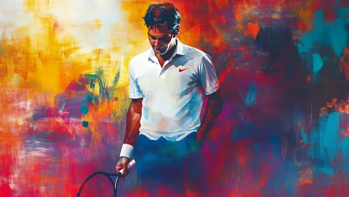 Pensive tennis player amid abstract neon color storm.