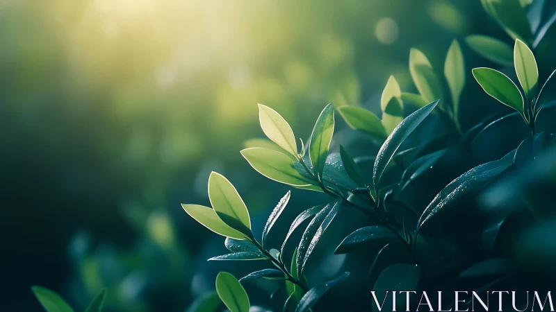 Morning sunlight illuminates fresh green leaves in soft focus