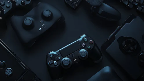 Dark-toned gaming controllers arranged in cinematic top view.