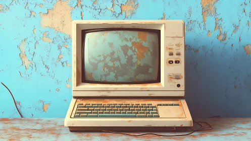 Weathered beige CRT desktop terminal against peeling cyan wall