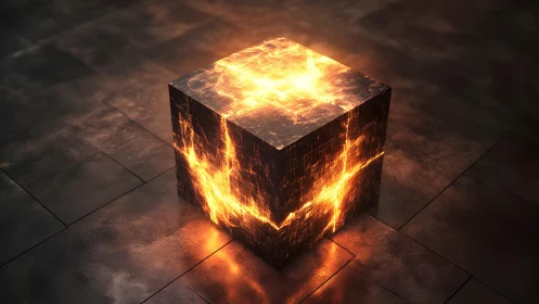 Glowing Cracked Stone Cube in Dark Futuristic Setting.