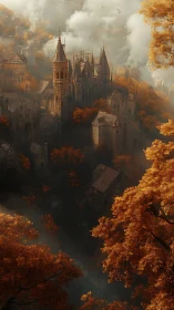 Gothic hilltop castle rising above dense autumn forest.