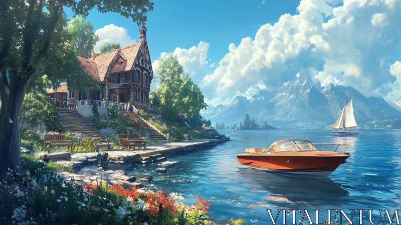 Lakeside villa and motorboat rendered in high-detail digital painting