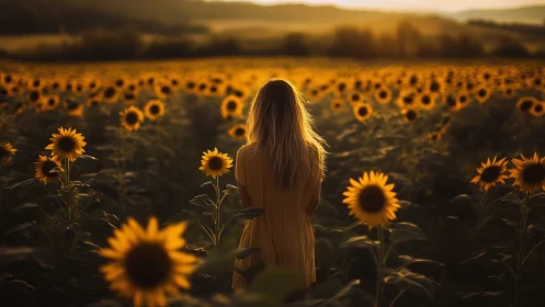 Person standing in extensive sunflower field at sunset.