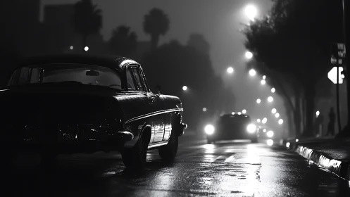 Moody vintage car gliding through a misty city night.