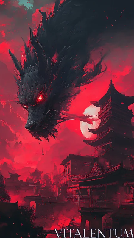 Nightborn dragon spirit circles a crimson moonlit temple