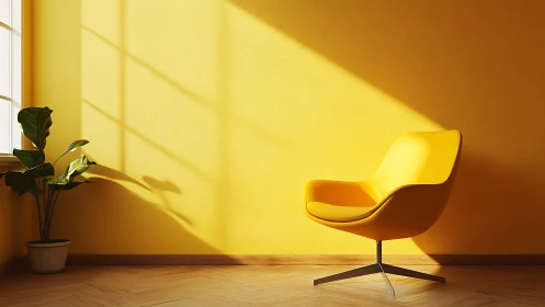 Monochrome yellow lounge corner with directional daylight shadows.