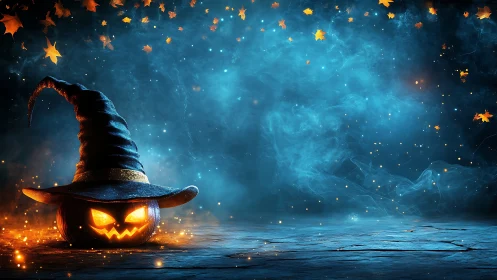Jack o lantern with witch hat glows beside swirling blue mist