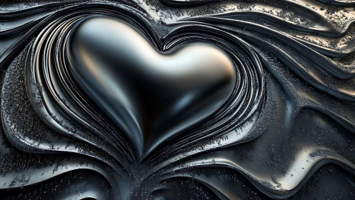 Metallic Heart Sculpted in Flowing Silver Waves