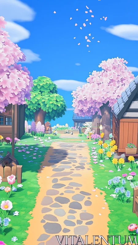 Serene Pastoral Lane with Blossoming Flora and Architectural Geometry.