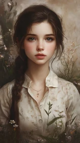 Freckled girl portrait with soft floral meadow background.