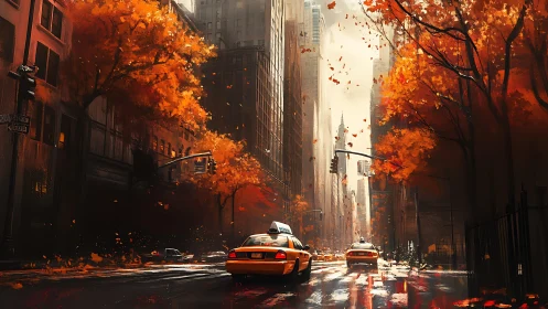 Golden autumn taxis glide through a glowing city avenue