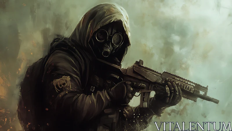 Hooded gas mask figure holds compact rifle in hazy setting