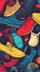 Multicolored casual shoes arranged in overlapping composition.