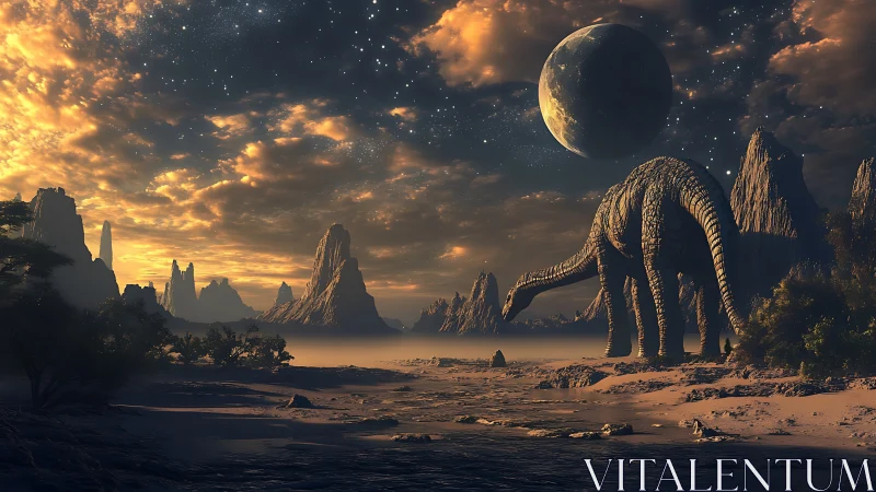 Stone colossus dinosaur beneath twin dusk skies on exoplanet.