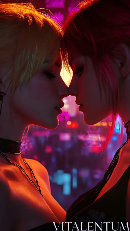 Neon lovers share quiet intimacy under electric city glow.