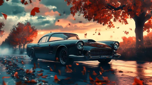 Vintage car glides through a glowing autumn storm of leaves