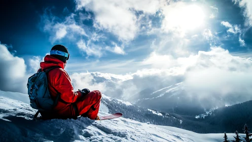 Snowboarder in red gear resting on bright alpine slope.