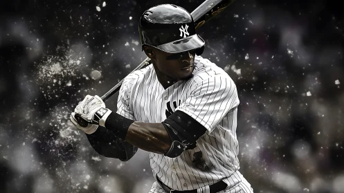 Pinstripe slugger readies thunderous swing in cosmic dust.