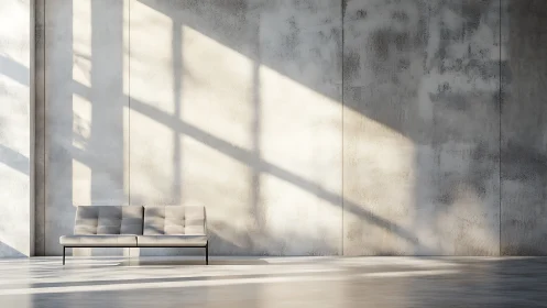 Minimal sofa against large concrete wall in soft daylight.
