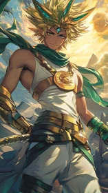 Solar-infused desert warrior with ornate avian diadem.