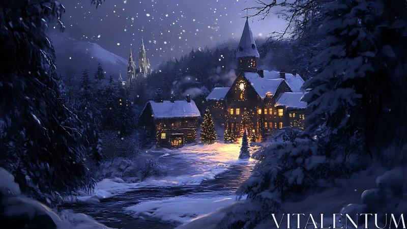 Snow-laden riverside lodge with illuminated tower and distant cathedral