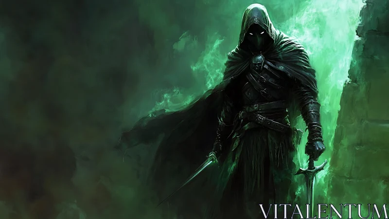 Shadowborn ranger in emerald stormlight, blades drawn.