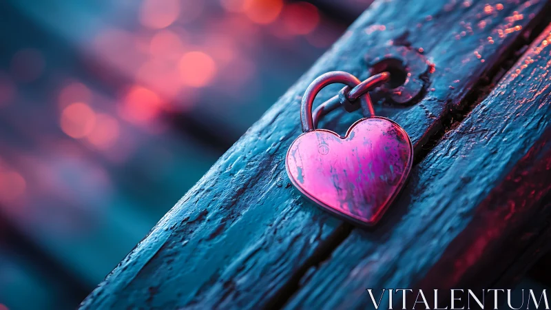 A Glowing Heart Lock Resting on Weathered Wood.