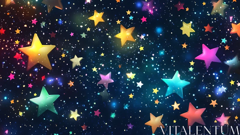 Multicolored star shapes over dense cosmic style background.