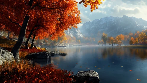 Crimson autumn trees embrace a glassy alpine lake in hush.