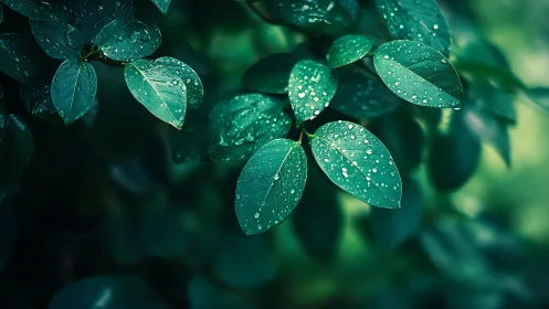Rain-kissed emerald leaves shimmering in soft forest hush.