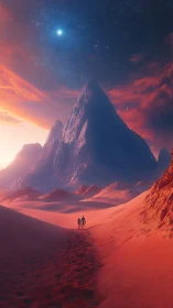 Twin travelers cross a crimson desert toward a starlit peak