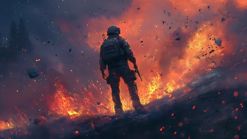 Soldier Stands Defiant Against Inferno Blaze