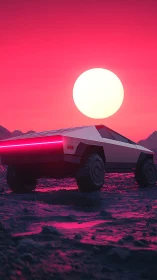 Electric rover hums toward a neon sun on alien asphalt