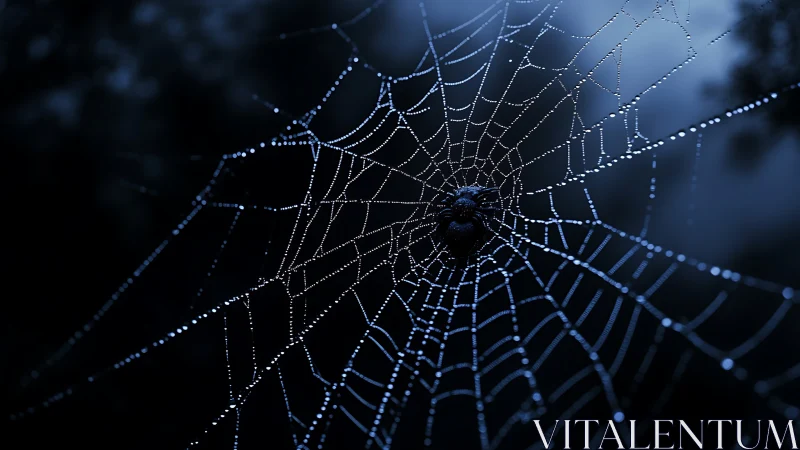 Spider on dew-covered web in low light forest setting.