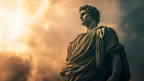 Neoclassical marble statue under storm-lit golden sky.